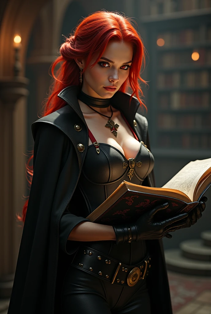 1 mulher, ruiva, realista, 8K, qualidade de imagem, roupas de bruxa, capa de bruxa, busto grande, mulher madura, roupa preta, magia, cajado, piscando o olho, rosto perfeito, olhos perfeitos, biblioteca, ambiente bonito, Beautiful lighting
