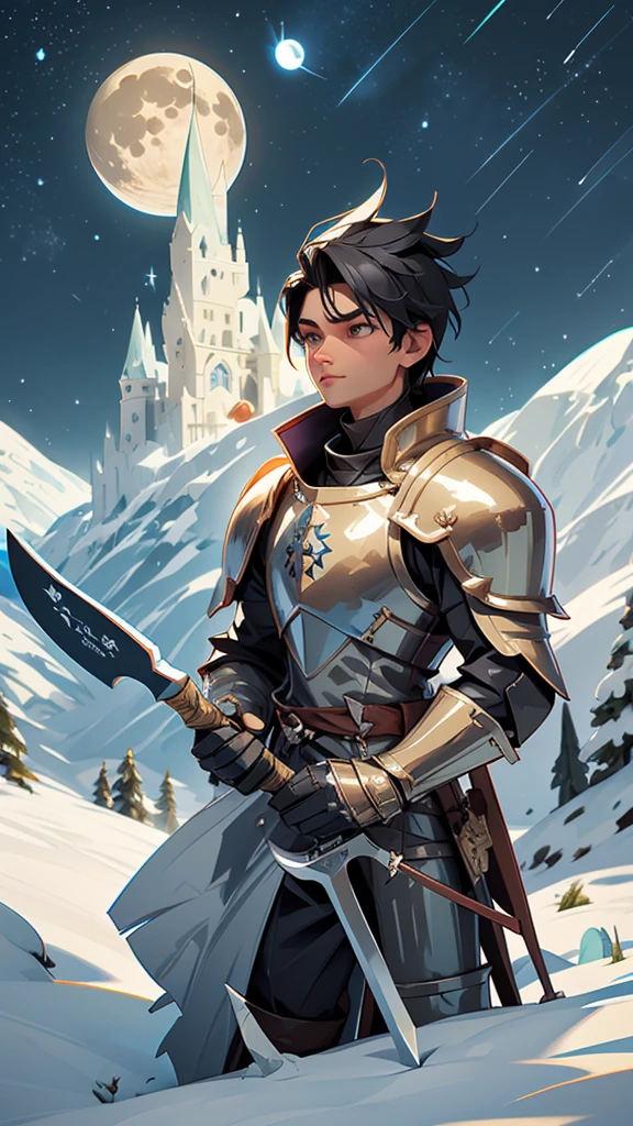  short black hair male in a knight costume on a high hill holding an axe while looking at the moon, snow hills , stars and moon, night time