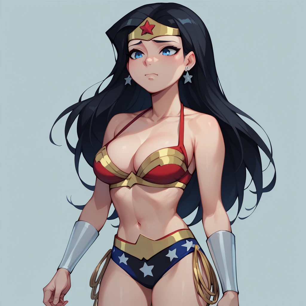 score_9, score_8_up, score_7, BREAK, solo, cute, 1girl,  ww_ju, black hair, long hair, blue eyes, star (symbol), earrings, tiara, wrist braces,  bikini ,Large breasts, 