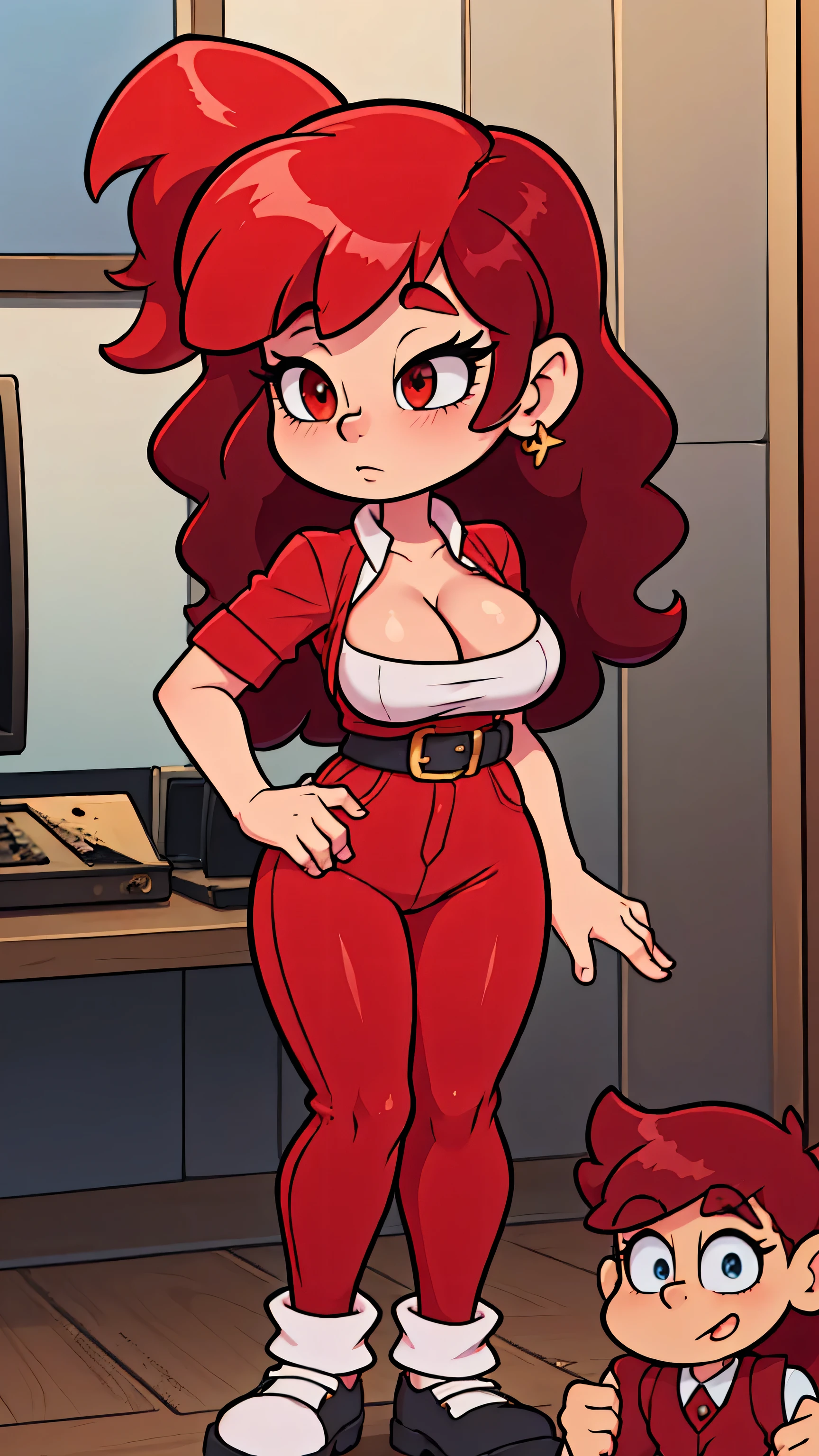 A beautiful woman big breasted Bella sexy sexy sexy red hair wavy shiny curly long straight her eye light red long eyelash dresses red corset top shows navel and dark gray pants black belt black heel gold ear earring