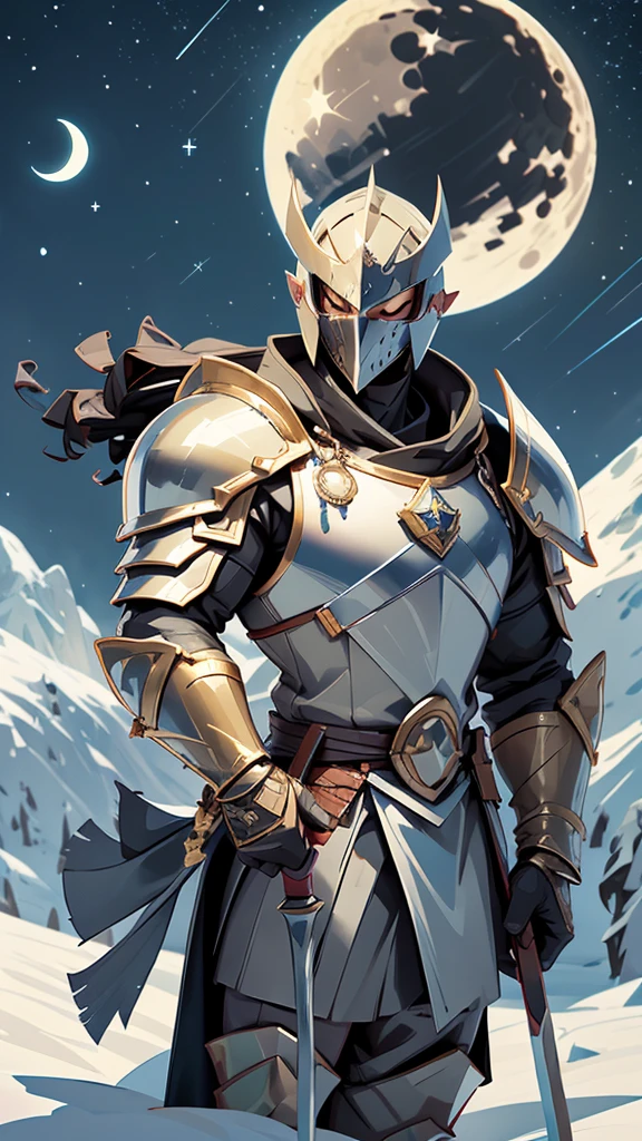  short black hair male in a knight costume on a high hill holding an axe while looking at the moon, snow hills , stars and moon, night time, black mask on 