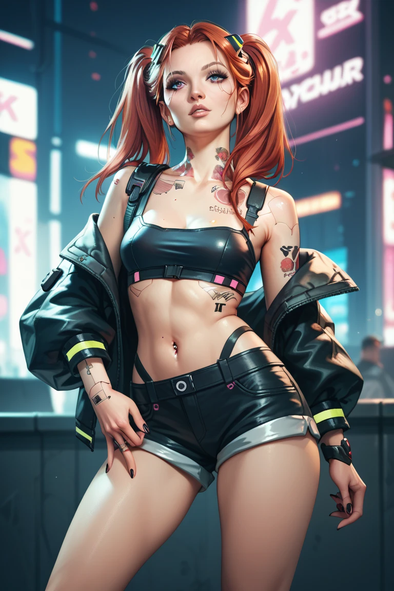 gwen tennyson,tracer,yorha 2b,y'shtola rhul,overwatch,nier automata,eva pilot, cyberpunk night club,tattoos,orange and silver plugsuit,white short sleeve pilot top,orange lycra micro shorts,garter belt,uncovered belly,short hair,cute makeup,green eyes,dimensional golden hair,sexy smile,freckles,beautiful girl,large breasts,8k,ultra detailed, realistic,fantasy art,dj uniform,ear piercings,punk outfit,saiyan girl, saiyan female,white short sleeve punk jacket,bunny headphones,dj mixer,wall paint splatter,dancing,bunny suit,multicolored lights,show stage,