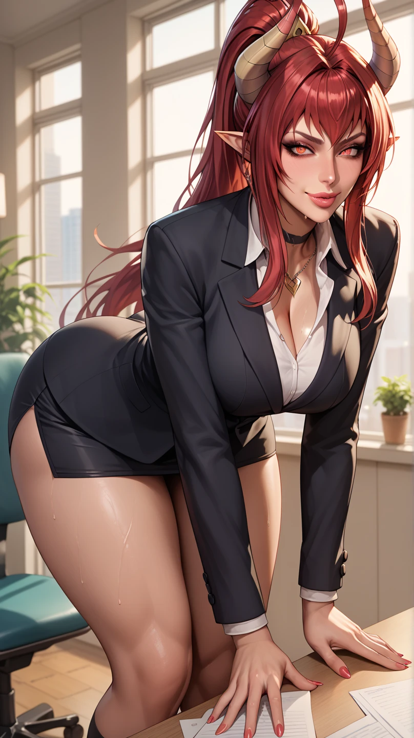 (best quality:1.3), (4k quality),(sharp image), Karin, ((Detailed face)), ((masterpiece face)),((perfect detailed eyes)) (blush), Karin, red hair,  long red hair, red eyes, red lips, red lips, sly face, face with stern features, ((detailed face)), perfect face, highly detailed eyes, masterpiece, absurdres , (intricate details), (colorful),cinematic lighting, extremely detailed CG unity 8k wallpaper , 1girl, solo, mature female, erected tits, fit body, cameltoe, glasses, purple jacket, evil smile, office room, ((perfect small erected breast)), kneeling in seductive pose and showing her pussy, slim fit body, nude perfect round tits, open mouth, ((from behind bottom))