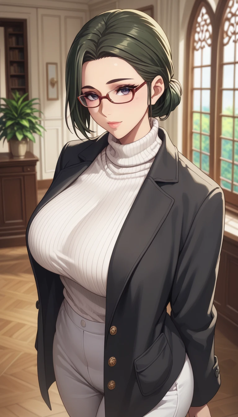 (masterpiece, best_quality:1.2), 1girl, solo, mature female, dark-green hair, low bun, (glasses, turtle neck white sweater, white pants, black long fur coat), beautiful eyes, female focus, looking at viewer, large breast, wide hips, ((above view)) ((close up shot)) ((solo)) detailed, very high resolution, no blurry image, standing, beautiful, elegant, serene expression, intricate details, detailed background, indoors:1.3