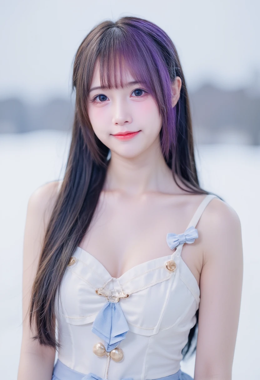 smiling, Baby face, japan girl, two-tone Hairstyle, very long hair, purple hair, medium breasts, pinkish-white shiny Skin, naked, nude with snow, Cold weather, full body, Standing, full body