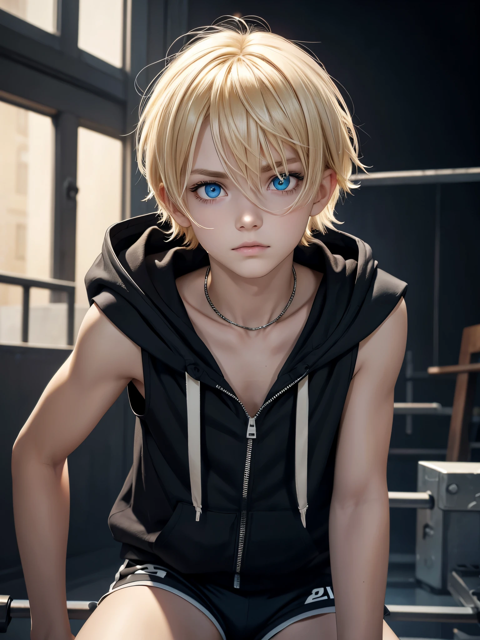 (best quality), 1boy, young boy, pale skin, (blonde hair), ((black ombre)), short hair, messy hair, messy bangs, hair over eyes, (dark blue eyes), perfect eyes, dark circles under eyes, scar over lip, scrawny body, scowl, sleeveless zip hoodie, short sport shorts, Y2K fashion, masterpiece, anatomically correct, highres
