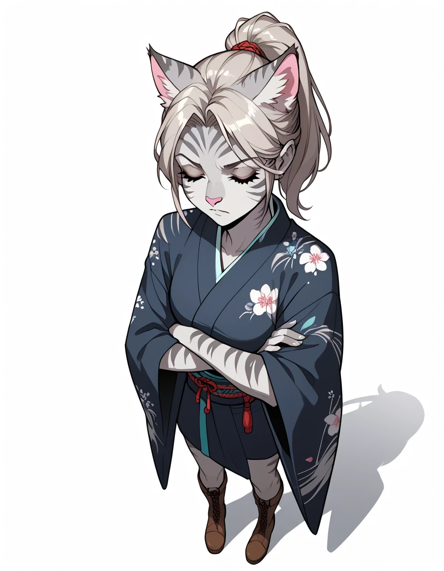 score_9,score_8_above,score_7_above, score_6_above, score_5_above, source_anime,  kimono style , , Female feline Antro Furry , silver skin,  gray stripes on body ,  eyes closed,  long blond hair ,  ponytail hair , pink nose, :3,  she is wearing a blue swimsuit, brown boots,  arms crossed,  irritated expression , sullen, Head turned away ,  head turned to the side ,  standing, ( full body shot ):1.3,  front view,  white background 