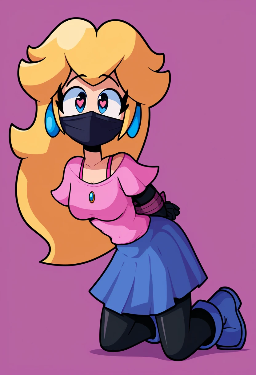 source_cartoon, Cartoon, absurdres, solo, 1girl, full body, lora:PringleDingle_v2-15:1, Pringus Mcdingus Style, #pringus mcdingus, pringus mcdingus, pringusmcdingus
prngs, princess peach, blond hair, long, denim skirt, pantyhose, pink camisole, short sexy boots,
solo, complete body view, looking at viewer, hanging hair, standing, from front, heart-shaped pupils, front view, (arms behind the back:1.3), (arms tied with armbinder) tight rubber mask, black tight mask, wrapped face cover.