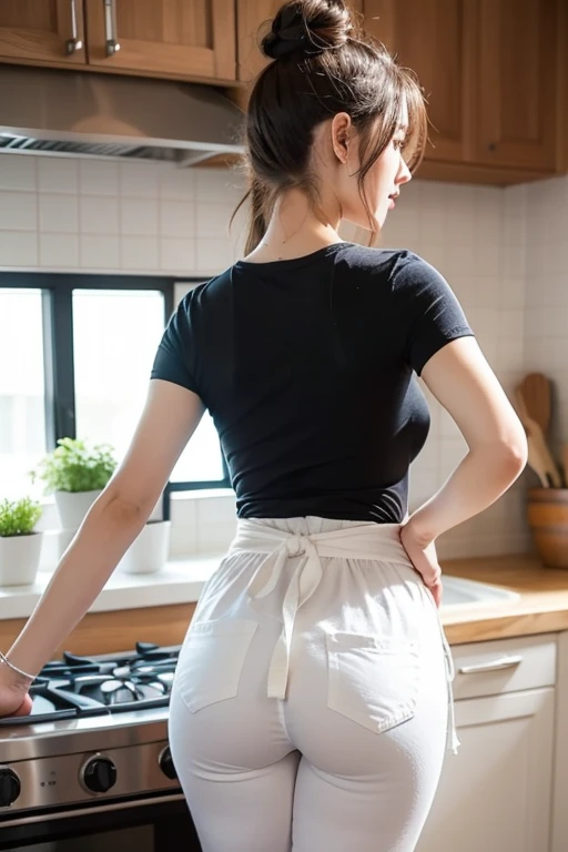 (photorealism:1.2), ultra-detailed Korean woman, Pearl skin, Wearing kitchen apron (Play doll apron), D-Cup breasts:1.9(80% visible), gym build body, full body portrait (Naked), standing on toes on floor mat in the kitchen, 32k Wallpaper.