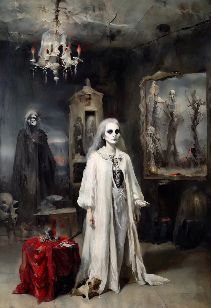  Skeletal  girl ,  dirty robe clothing , chandelier,  Goya style painting ,  light-dark lighting , Ruins, fog, Bones, officer,  creature Leonora Carrington.  faded dry trees , MYSTERIOUS RED BOX . 