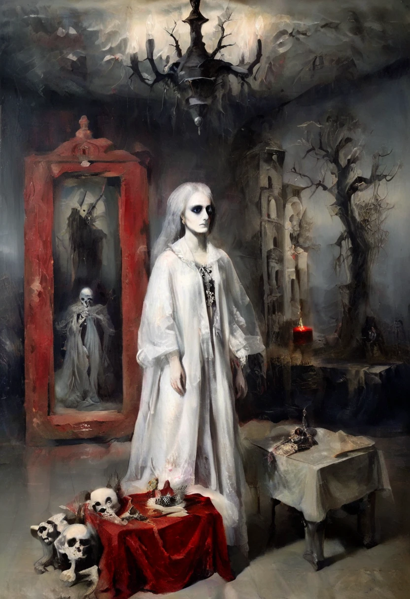  Skeletal  girl ,  dirty robe clothing , chandelier,  Goya style painting ,  light-dark lighting , Ruins, fog, Bones, officer,  creature Leonora Carrington.  faded dry trees , MYSTERIOUS RED BOX . 