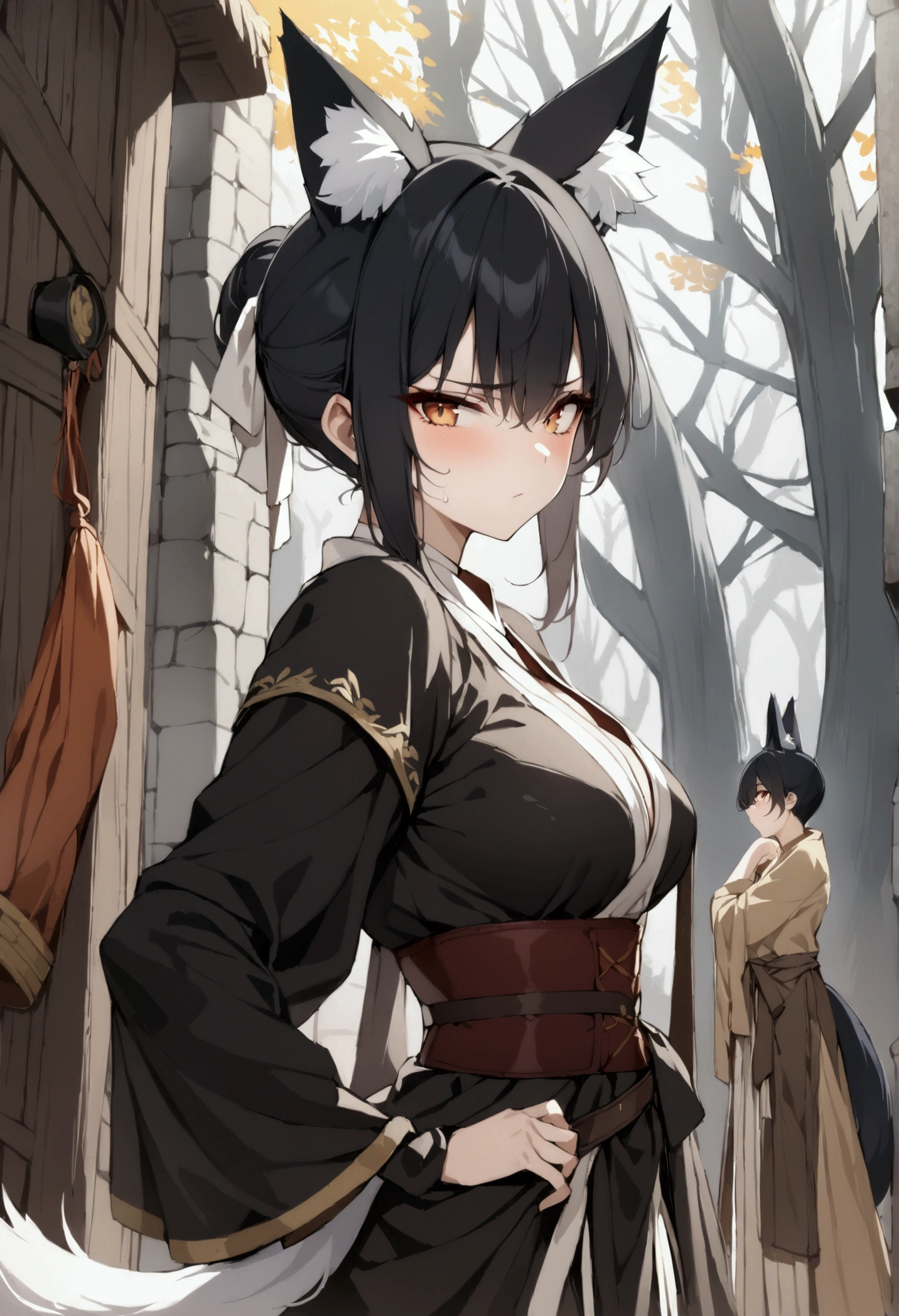 (1girl, Masterpiece, best quality, beautiful) A fox-woman, short black hair, (black fox ears with white fur), neutral face expression, medieval-style ((black very heavy bulky clothing robes multi-layered robes)) beautiful amber eyes, brown belt around her waist, black pants, standing pose, (black fox tail)
