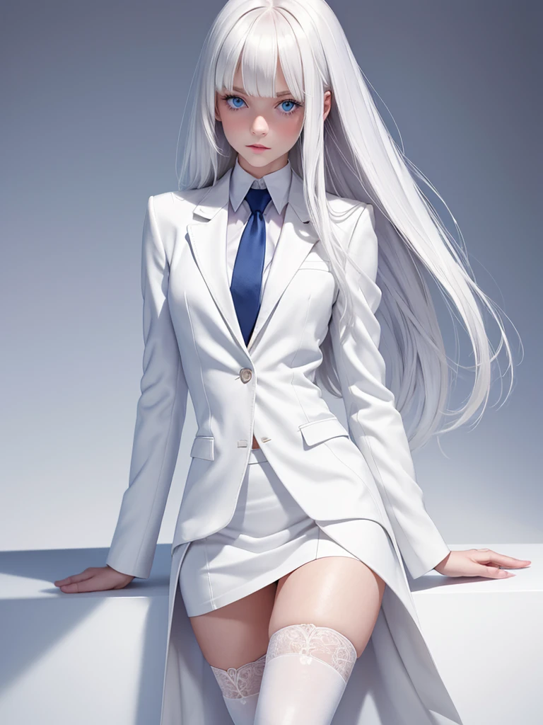 (best quality), 1girl, female, pale skin, white hair, long hair, swept bangs, straight hair, blue eyes, perfect eyes, cropped white tweed blazer, white shirt, white pencil wool skirt, thigh highs, overknee boots, rich girl, petite, skinny body, flat chest, blush, masterpiece, anatomically correct, highres
