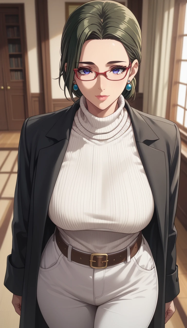 (masterpiece, best_quality:1.2), 1girl, solo, mature female, dark-green hair, low bun, (glasses, watches, belts, earrings, turtle neck white sweater, white pants, black long coat), beautiful eyes, female focus, looking at viewer, large breast, wide hips, ((above view)) ((close up shot)) ((solo)) detailed, very high resolution, no blurry image, standing, beautiful, elegant, serene expression, intricate details, detailed background, indoors:1.3