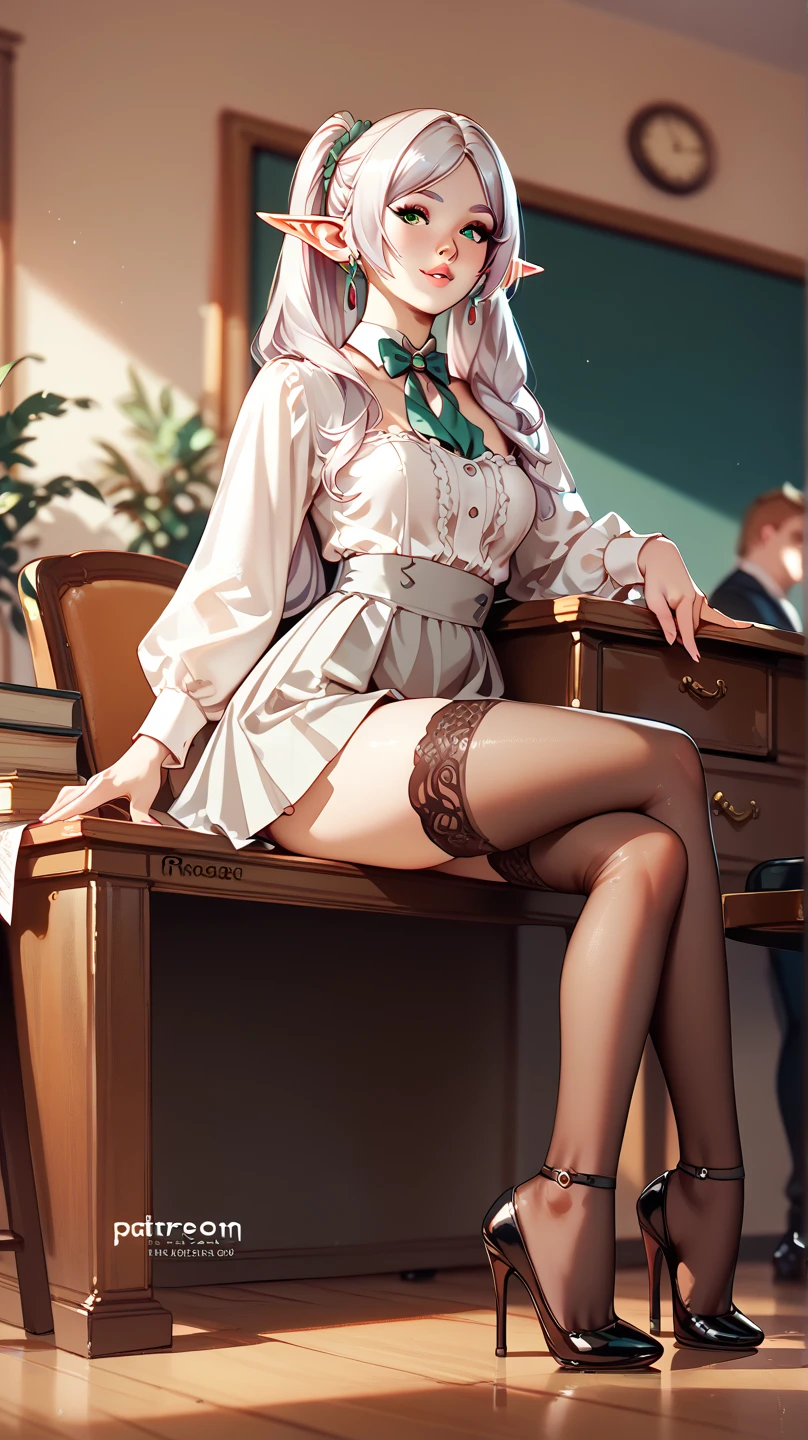 freeze, free, elf, , stockings,  heels, sits on the desk.