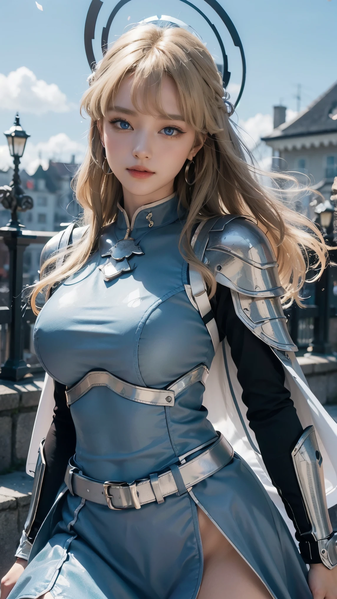 Asuma Toki,(best qualityer,4K,8k,high resolution,work of art:1.2)(weather: windy), Mondstadt castle background, castle garden, full knight armor, black long sleeve medieval top, knight chest armor, elbow long arm guards, long blue dress trail, kight cape, tight pants, rose embroidery, thigh high knight boots, necklace, loop earrings, cheek mole, short wavy hair, blonde hair, ultra detailed, realistic,portraite,beautiful detailed blue eyes, glowing eyes,blush,beautiful detailed lips,extremely detailed eye and face, long eyelashes,sexly,average, large breasts,beaming smile, sexy smile,powerful girl, combat pose, stunning curves, bright coloured,dramatic lighting, petals flying,