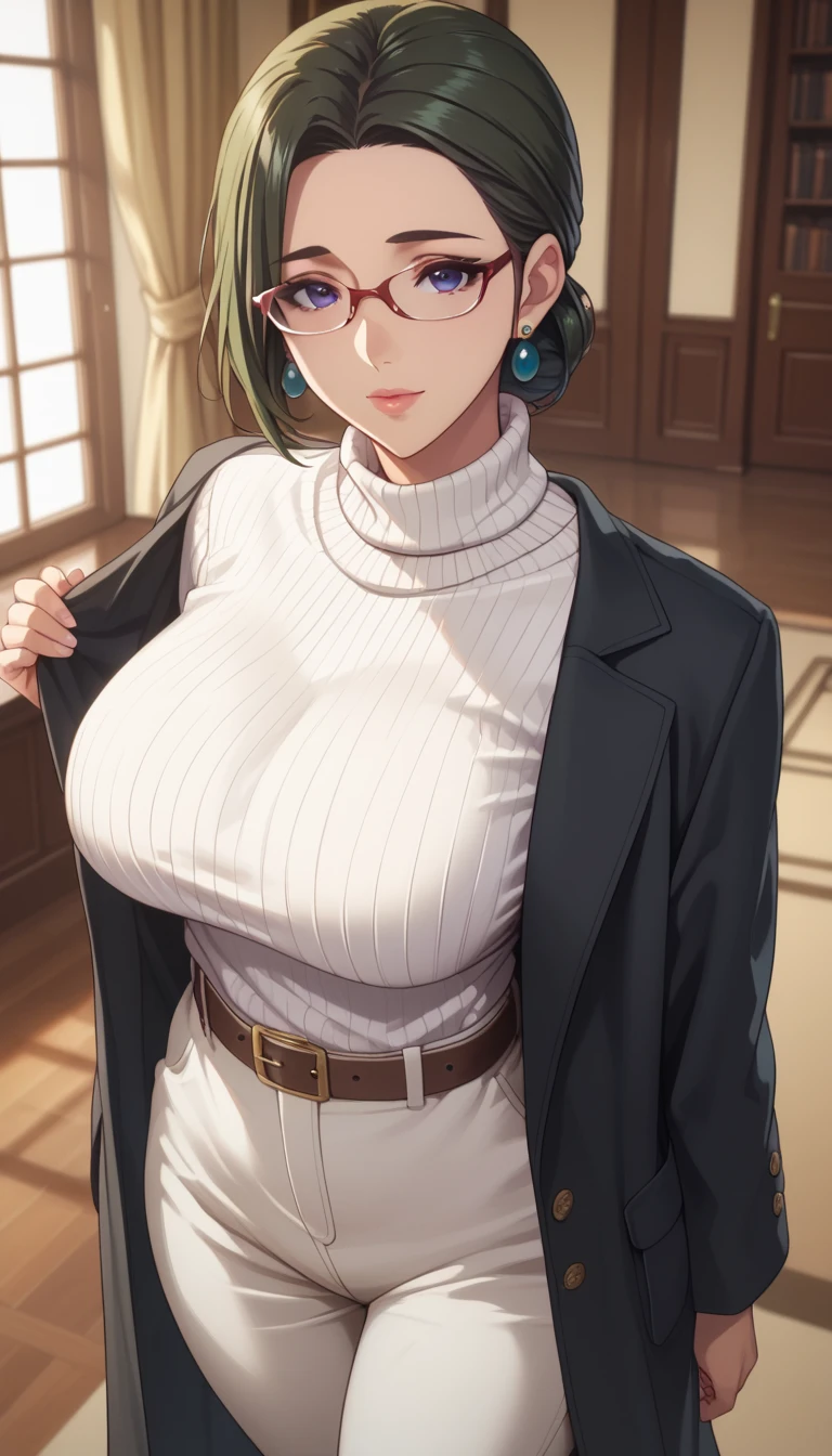 (masterpiece, best_quality:1.2), 1girl, solo, mature female, dark-green hair, low bun, (glasses, watches, belts, earrings, turtle neck white sweater, white pants, black long coat), beautiful eyes, female focus, looking at viewer, large breast, wide hips, ((above view)) ((close up shot)) ((solo)) detailed, very high resolution, no blurry image, standing, beautiful, elegant, serene expression, intricate details, detailed background, indoors:1.3