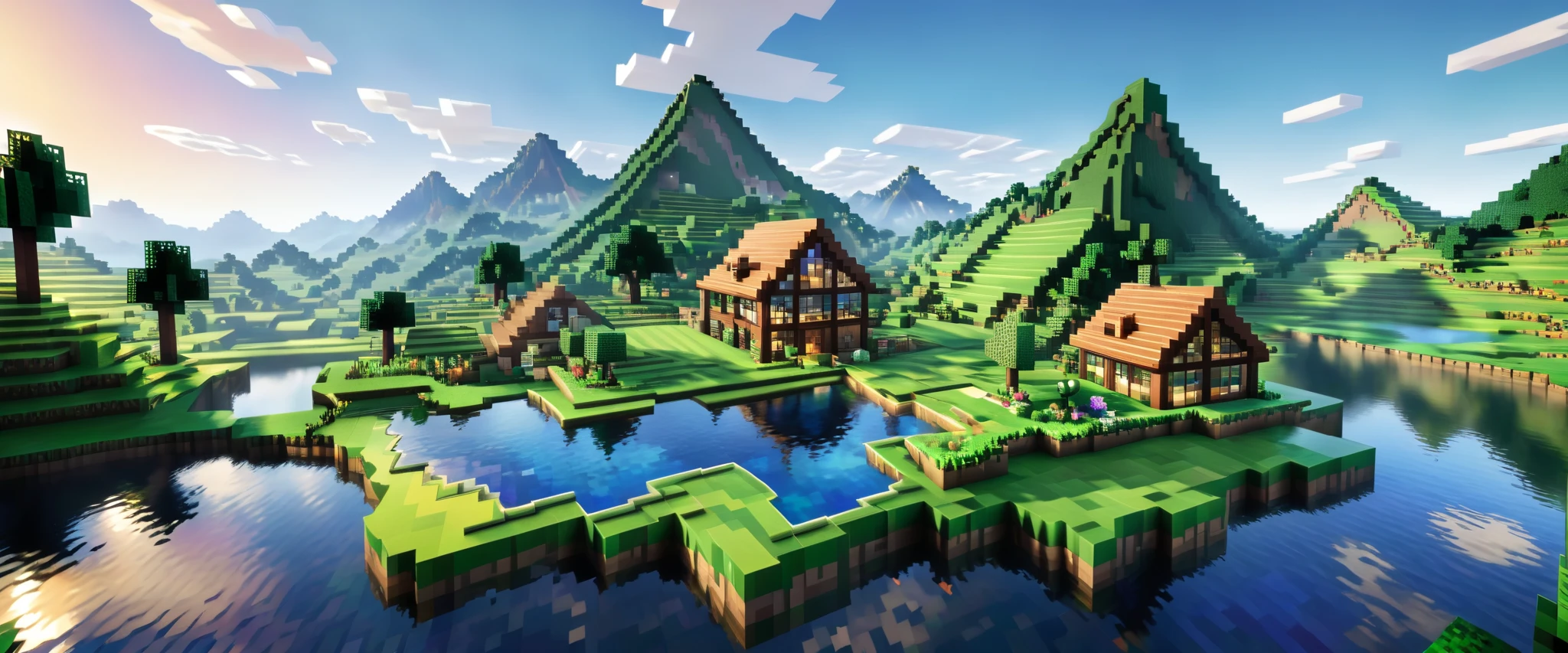  Beautiful fairytale landscapes in minecraft ,  everything consists of cubes majestic grassy plains , hills, rivers ,  cubic clouds , trees,  in the background is a village with charming beautiful houses made of wood and stone, forge,  realistic dynamic lighting , sharp focus, rich colors , Summer nature, blocky , Pixelized , bright colors, romantic sky ,  against the background of mighty mountains ,  beautiful cozy biome , Clear shapes