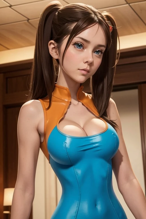  She wants to look at the spectator , pigtails brown hair ,   pretty face and blue eyes big boobs,   orange leotard and a lot of cleavage ,  slender body wide hips and slim waist, Giant 9 .8 meters high, 