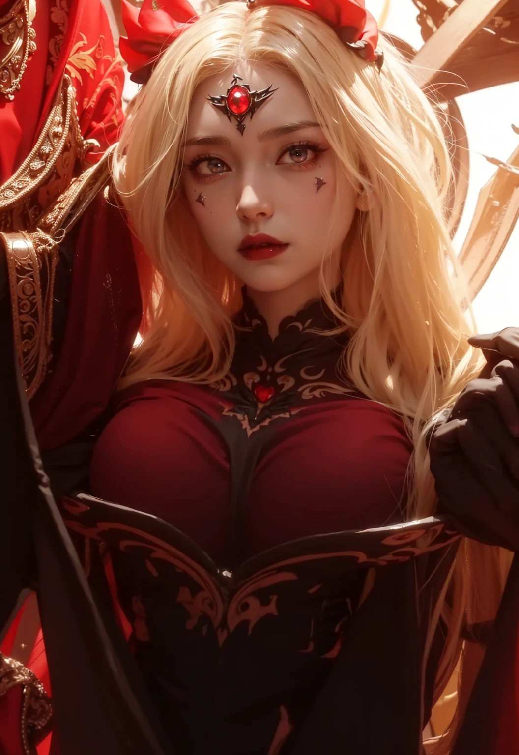 Adult woman, woman (30 years old), silver long hair, red maroon eyes contact, wearing red dress, roses petals, rose ornaments, red lips, realistic, beauty of goddess, gigantic breast, stare eyes, no expression, bold make-up, red background, realistic woman,