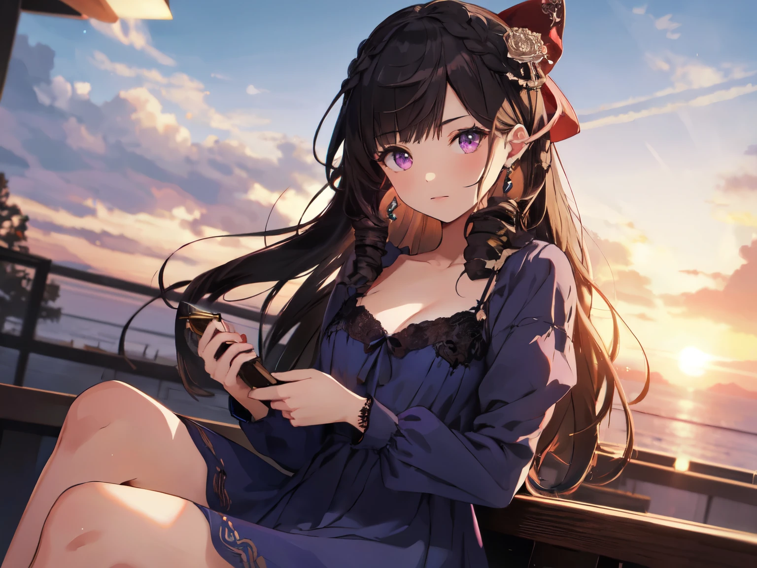 Solo, 1 Girl, (Human Ear), (Earring), (Long Hair), (Hair Accessory), (Woman Sitting with Hands on Chest), (Blue Nightgown Dress Hiding Skin), (Sunset Sky, Sunset, Evening Sky), (Focus on Chest), (High Resolution, Masterpiece, Accurate, Anatomically Correct, Multiple Awards, Top Quality, Detailed, High Quality Model, High Quality, Quality, Retina, Highly Detailed, Textured Skin, Ultra High Resolution).