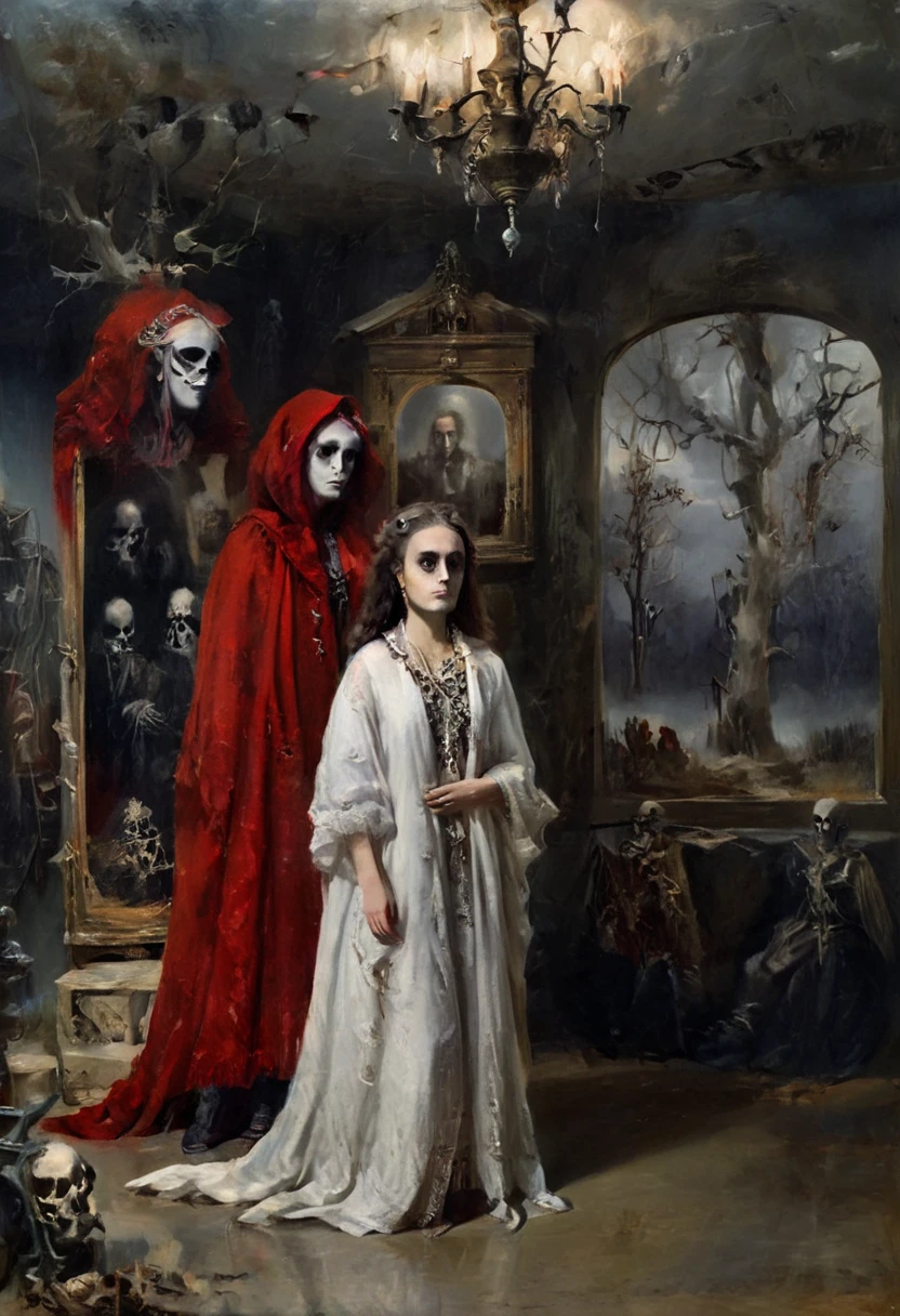 ( better quality , 4k, 8K, highres,  masterpiece :1.2),  ultra detailed , ( realistic , photo realistic , photo- realistic :1.37)  Skeletal  girl ,  dirty robe clothing , chandelier,  Goya style painting ,  light-dark lighting , Ruins, fog, Bones, officer,  creature Leonora Carrington.  faded dry trees , MYSTERIOUS RED BOX .