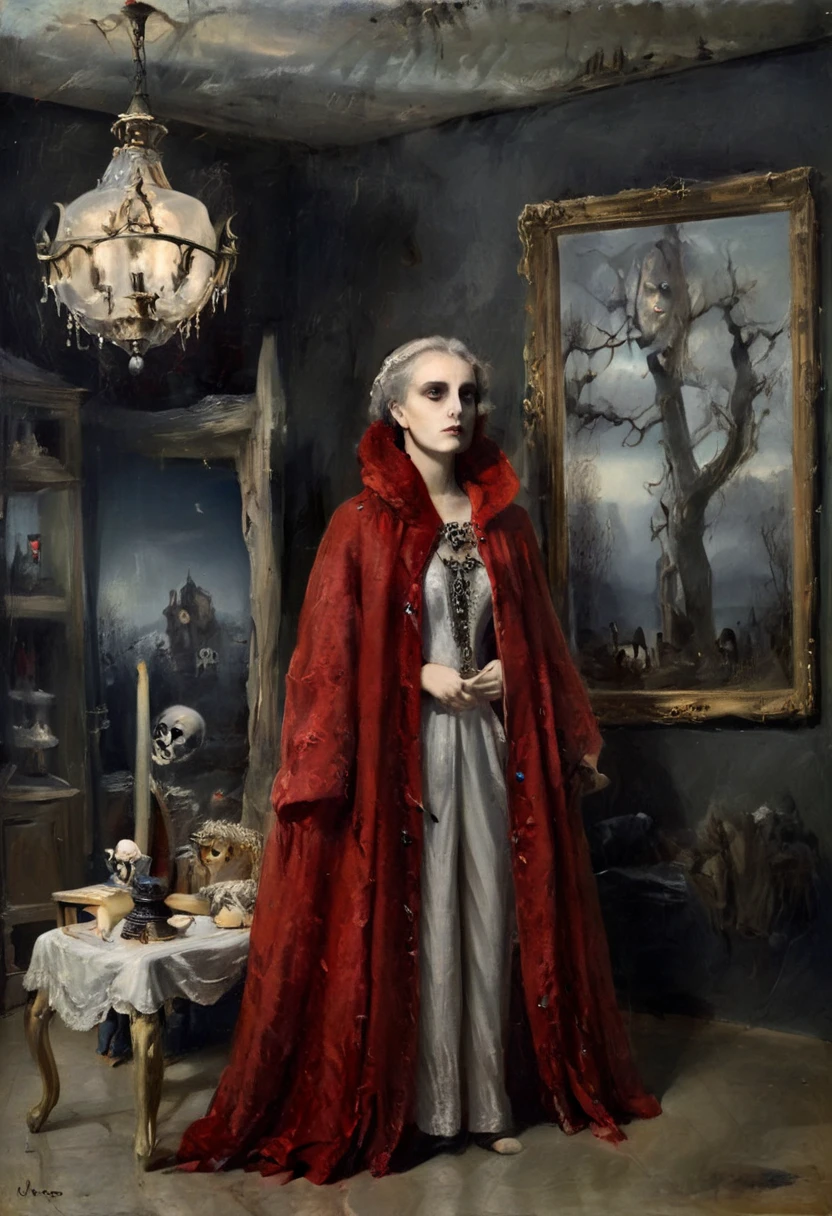 ( better quality , 4k, 8K, highres,  masterpiece :1.2),  ultra detailed , ( realistic , photo realistic , photo- realistic :1.37)  Skeletal  girl ,  dirty robe clothing , chandelier,  Goya style painting ,  light-dark lighting , Ruins, fog, Bones, officer,  creature Leonora Carrington.  faded dry trees , MYSTERIOUS RED BOX .