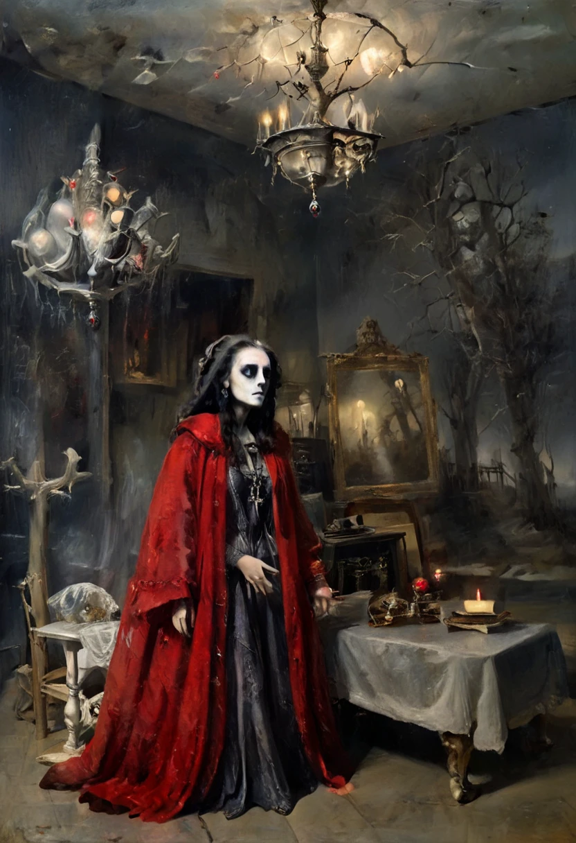 ( better quality , 4k, 8K, highres,  masterpiece :1.2),  ultra detailed , ( realistic , photo realistic , photo- realistic :1.37)  Skeletal  girl ,  dirty robe clothing , chandelier,  Goya style painting ,  light-dark lighting , Ruins, fog, Bones, officer,  creature Leonora Carrington.  faded dry trees , MYSTERIOUS RED BOX .