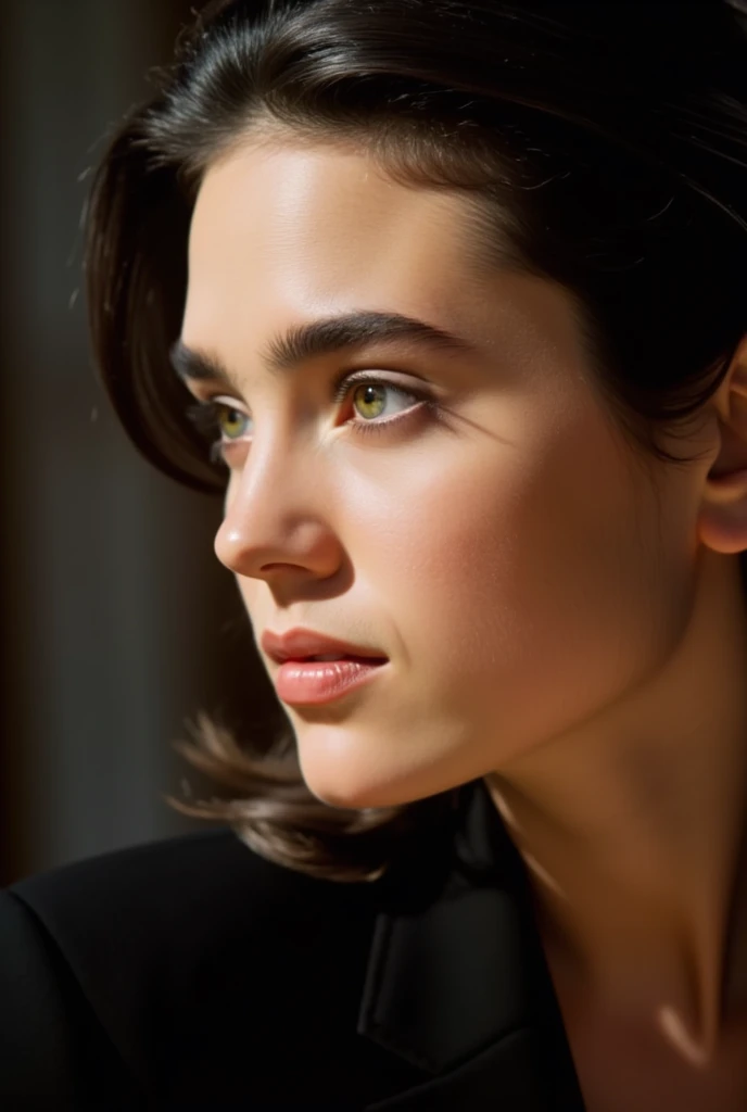 A vivid close-up of Jennifer Connelly, beautiful profile from her side, elegantly arched nose,