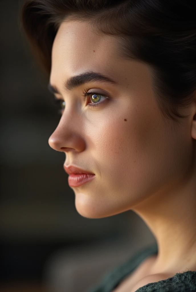 A vivid close-up of Jennifer Connelly, beautiful profile from her side, elegantly arched nose,