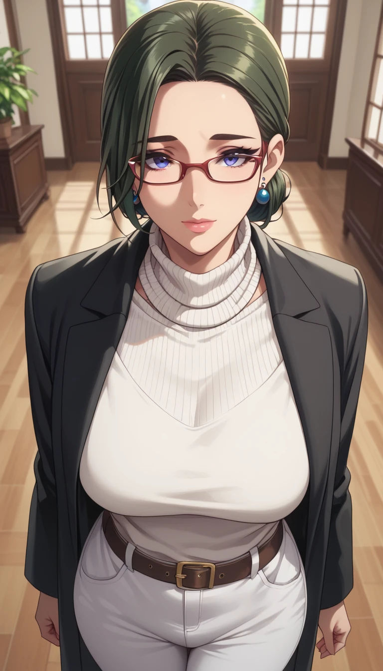 (masterpiece, best_quality:1.2), 1girl, solo, mature female, dark-green hair, low bun, ((glasses, watches, belts, earrings, turtle neck white sweater, white pants, black long coat)), beautiful eyes, female focus, looking at viewer, large breast, wide hips, ((above view)) ((close up shot)) ((solo)) detailed, very high resolution, no blurry image, standing, beautiful, elegant, serene expression, intricate details, detailed background, indoors:1.3