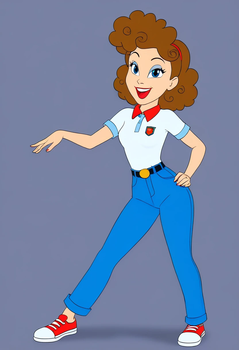 Disney 2D animation: a young American girl with curly hair, happy expression, wearing a blue polo shirt with red collar and white sleeves, blue jeans, white sneakers, theatrical pose, looking at the camera, beautiful, wide shot, full body, best quality: 4k, 8k, high resolution, masterpiece: sharp focus, physically based rendering, extreme detail description, professional, vivid colors, bokeh, portraits