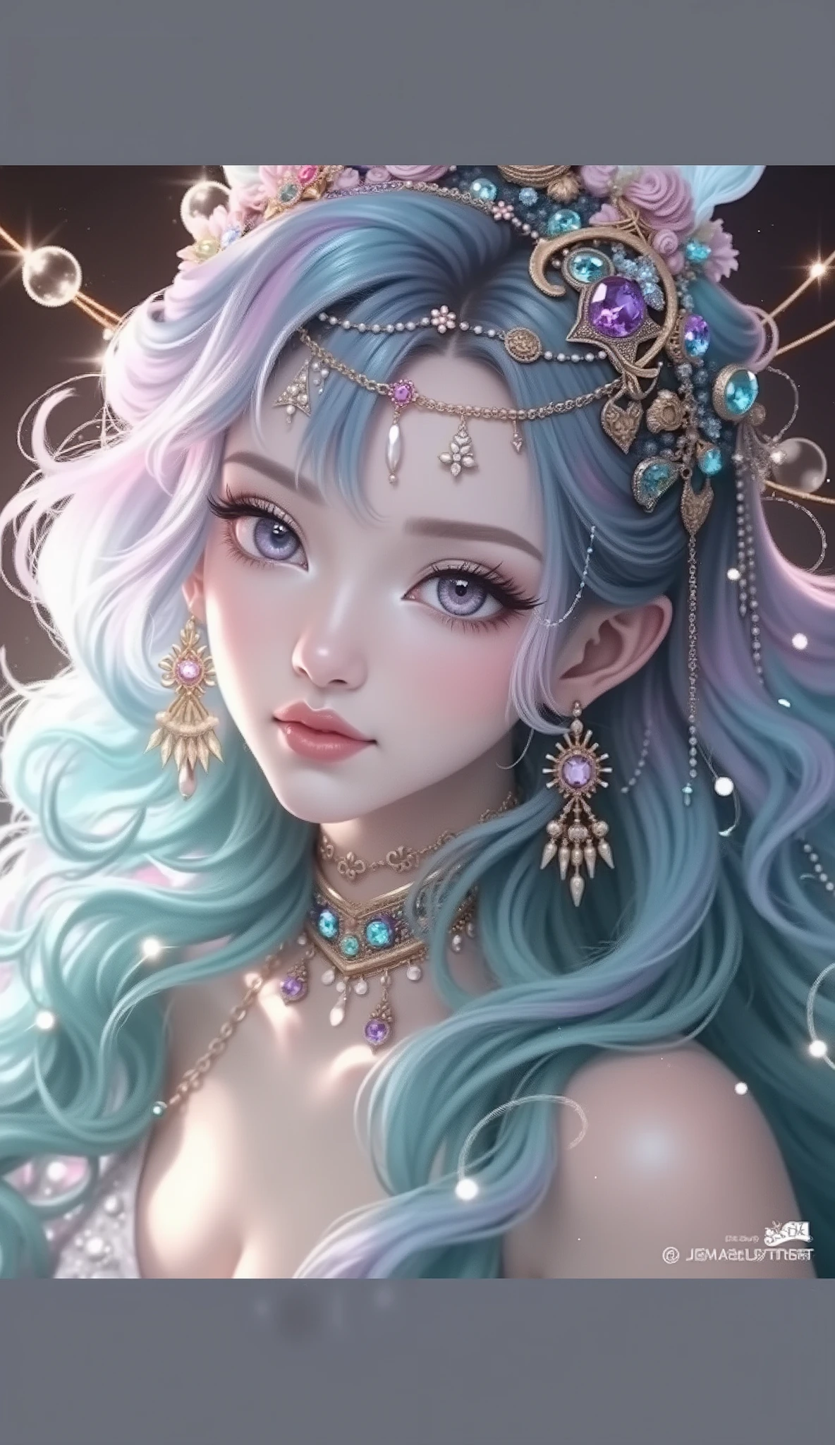 this artwork should be colorful and evoke feelings of euphoria and ecstasy. generate a beautiful fantasy woman in her 40s with an interesting and dynamic manic expression. the woman is dressed in the style of harajuku decora fashion. there are many intricate and highly detailed decora fashion accents. clothing is ornate and extravagant with contrasting colors, textures, and patterns. include strong influences from lisa frank. include many awe-inspiring fantasy elements. ((include phantasmal iridescence, crystals, bumps, and rainbow colors that drip like paint through the artwork.)) rainbow paint should drip through hair and onto face and body. pay particular attention to a beautifully detailed face with realistic shading. include 8k eyes, highly detailed eyes, realistically detailed eyes, macro eyes, bright eyes. the overall feeling of this artwork should be happiness and excitement. the artwork should be highly ornate. impress me. the artwork should be highly creative and ultra ornate. include many decora decorations and accessories. (fantasy00d), high quality, highres, detail enhancement