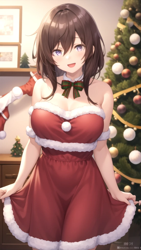 ((Brown hair)),((Braided shorthair)),((Brown eyes)),((With bangs)),(Inside the store at night with beautiful illuminations),(A room lit by a fireplace or candlelight),((Christmas tree)),((nude body wrapped in ribbon)),(Bare ribbon),((Hug me to hide your chest)),(white fluffy underwear),Smile,Slight red tide,(Kamimei),((Perspective from above)),(close up of face),NSFW