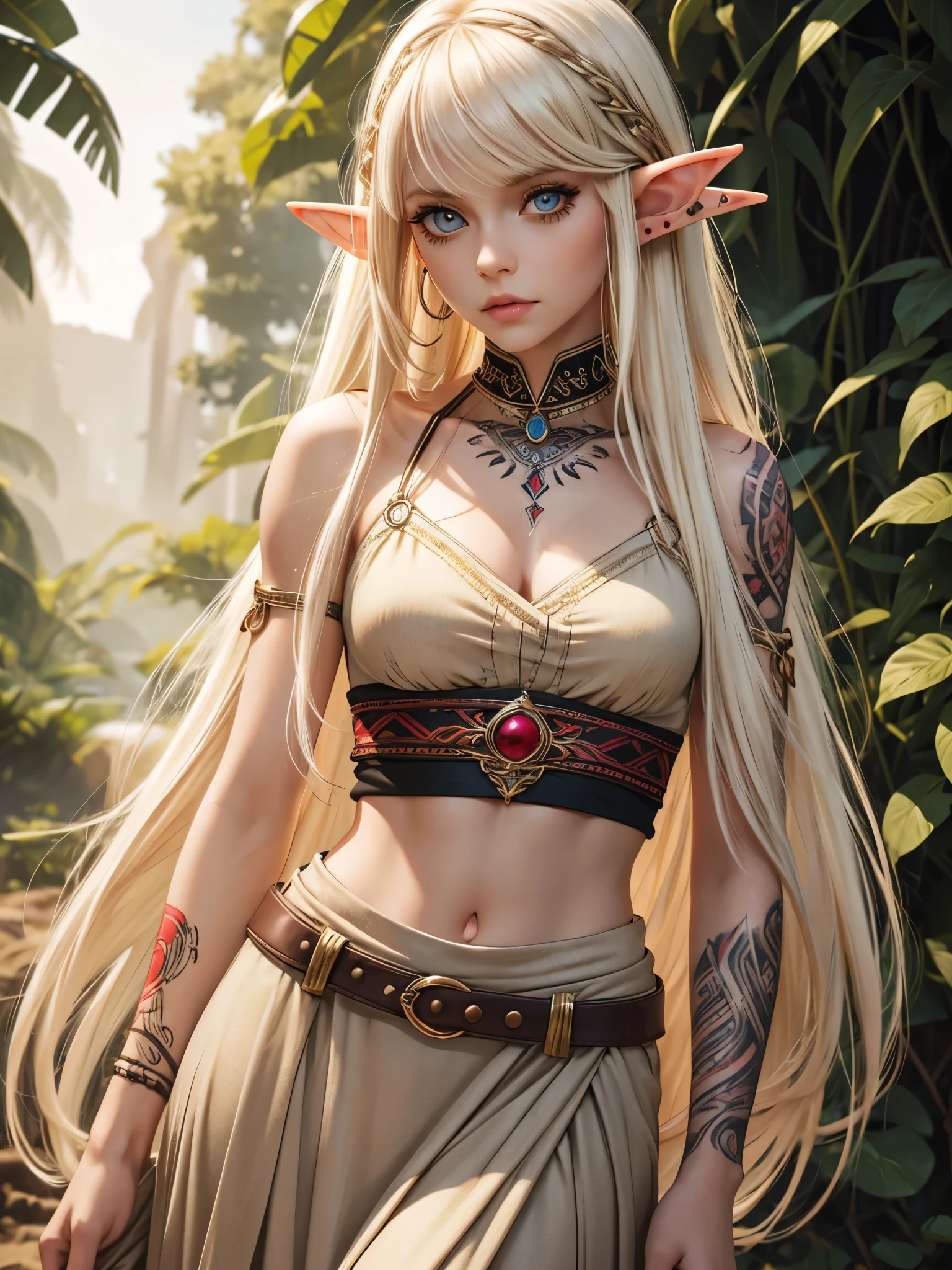 (best quality), 1girl, Female, pale skin, platinum blonde hair, very long hair, parted bangs, hazel eyes, big eyes, perfect eyes, elf, wrap top, high-waist maxi skirt, boho, red face tattoos, small bust, masterpiece, anatomically correct, highres
