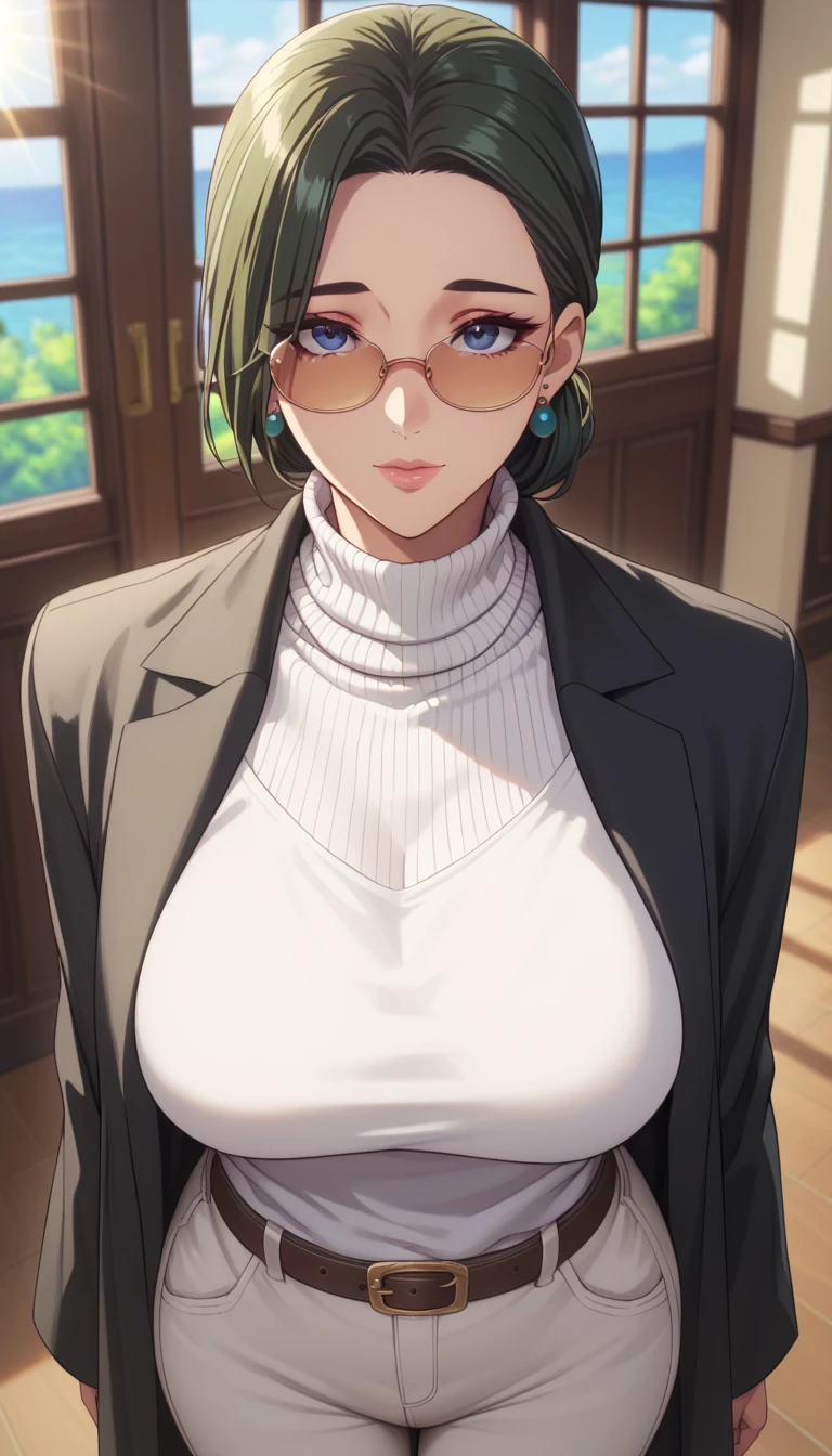 (masterpiece, best_quality:1.2), 1girl, solo, mature female, dark-green hair, low bun, (sun glasses, watches, belts, earrings, turtle neck white sweater, white pants, black long coat), beautiful eyes, female focus, looking at viewer, large breast, wide hips, ((above view)) ((close up shot)) ((solo)) detailed, very high resolution, no blurry image, standing, beautiful, elegant, serene expression, intricate details, detailed background, indoors:1.3