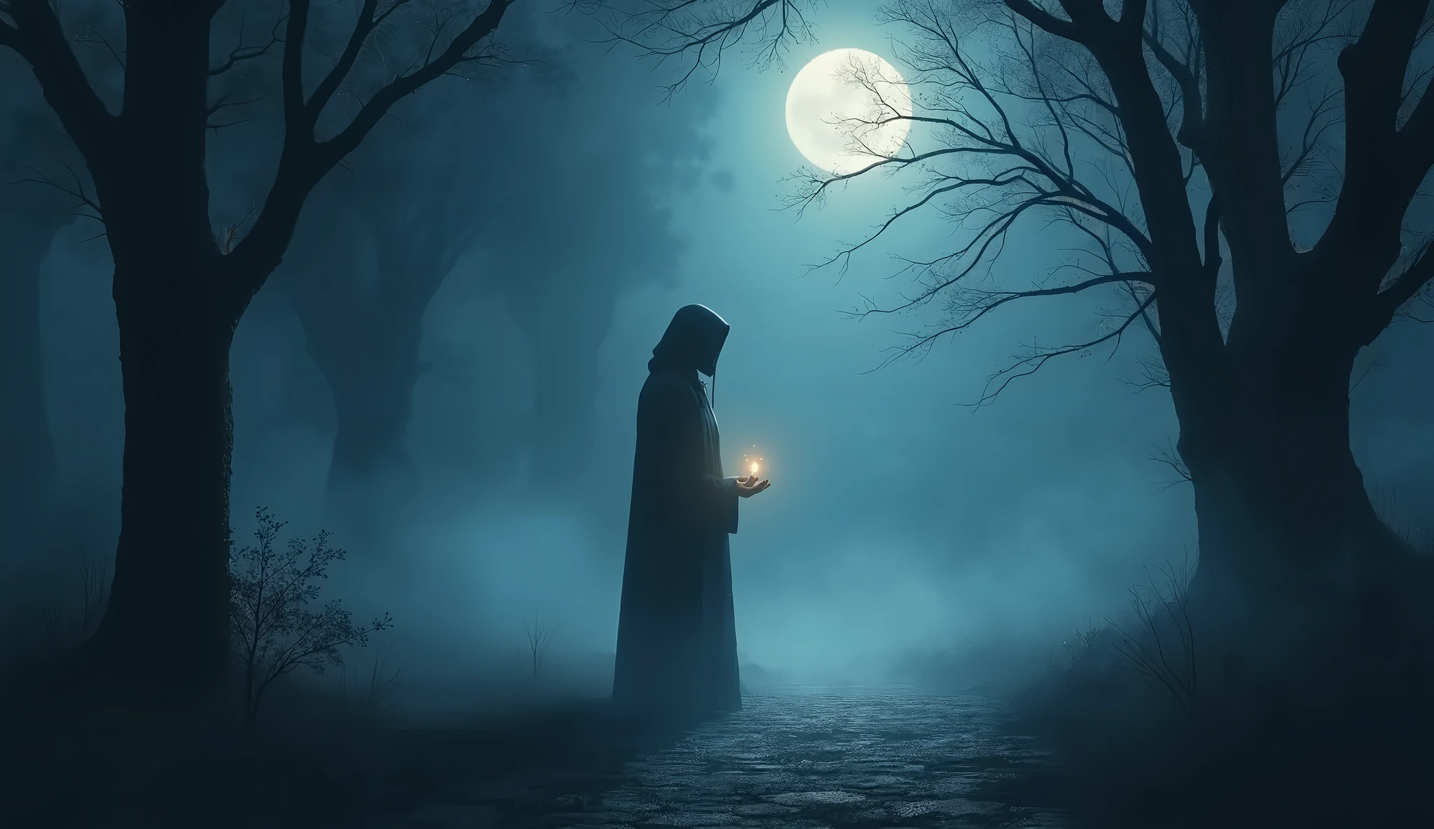(best qualityer,4K,8k,high resolution,work of art:1.2),ultra detali,(realisitic,photorealisitic,photo-realisitic:1.37) ghost with lamp in the middle of a road in a forest at night scary, dark fantasy