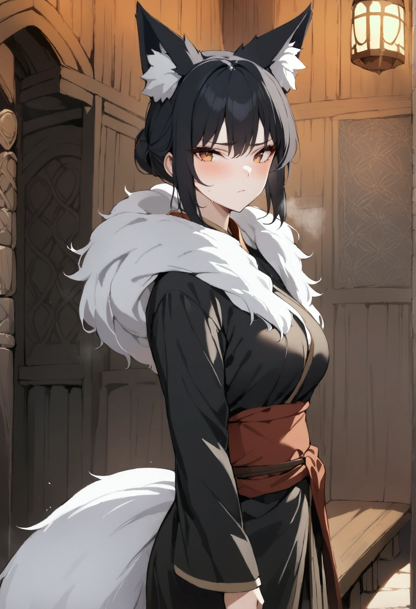 (1girl, Masterpiece, best quality, beautiful) A fox-woman, short black hair, (black fox ears with white fur), neutral face expression, medieval-style ((black very heavy bulky clothing robes multi-layered robes)) beautiful amber eyes, brown belt around her waist, black pants, standing pose, (black fox tail)
