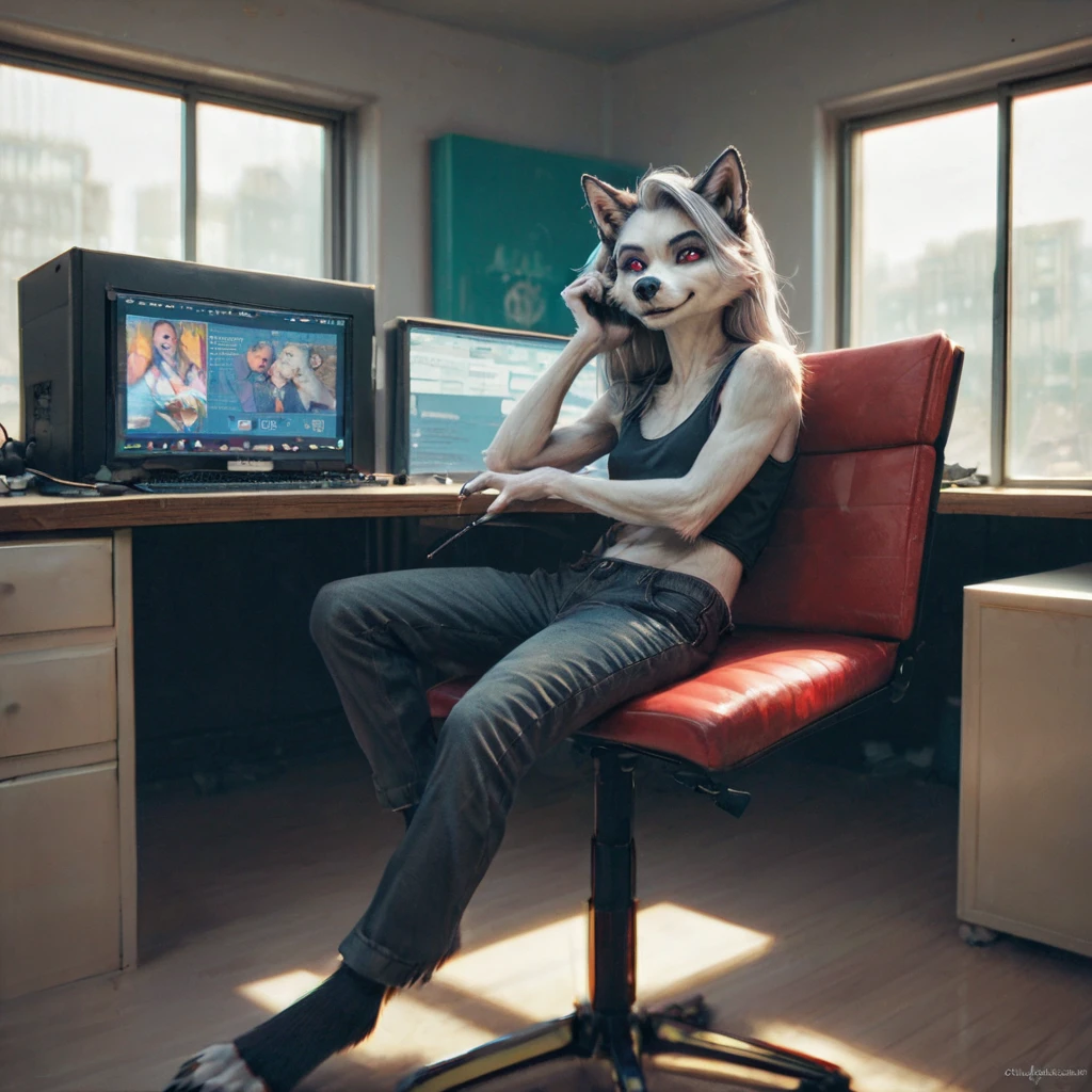 Furry art, breathtaking furry art, realistic furry, anthro white wolf, female wolf, black makeup, white eyes with red sclera, silver hairs, black ears, sensual, loona, claws,(pixelsketcher pikaflufftulf hioshiru artstyle), slender, 75mm canon shot, ultra realistic, slim anthro,(white pupils), small wolf's chin, cute female anthro,( big eyes), wearing cargo pants and a tank top, playing a pc game on a pc while sitting on a chair, zenematic lighting, ,full body, day, smiling shyly. Masterpiece, Best Quality, High Details, Anatomically Correct. 