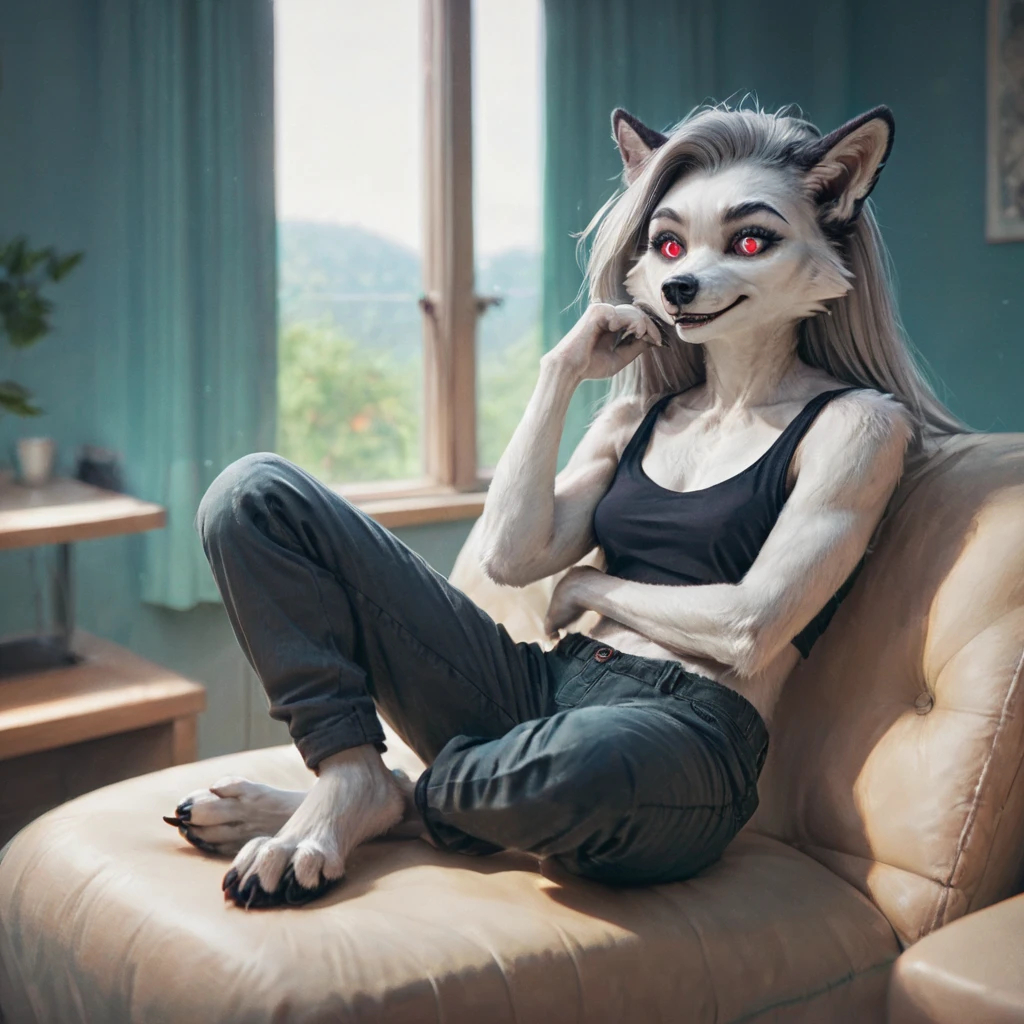 Furry art, breathtaking furry art, realistic furry, anthro white wolf, female wolf, black makeup, white eyes with red sclera, silver hairs, black ears, sensual, loona, claws,(pixelsketcher pikaflufftulf hioshiru artstyle), slender, 75mm canon shot, ultra realistic, slim anthro,(white pupils), small wolf's chin, cute female anthro,( big eyes), wearing cargo pants and a tank top, playing a pc game on a pc while sitting on a chair, zenematic lighting, ,full body, day, smiling shyly. Masterpiece, Best Quality, High Details, Anatomically Correct. 