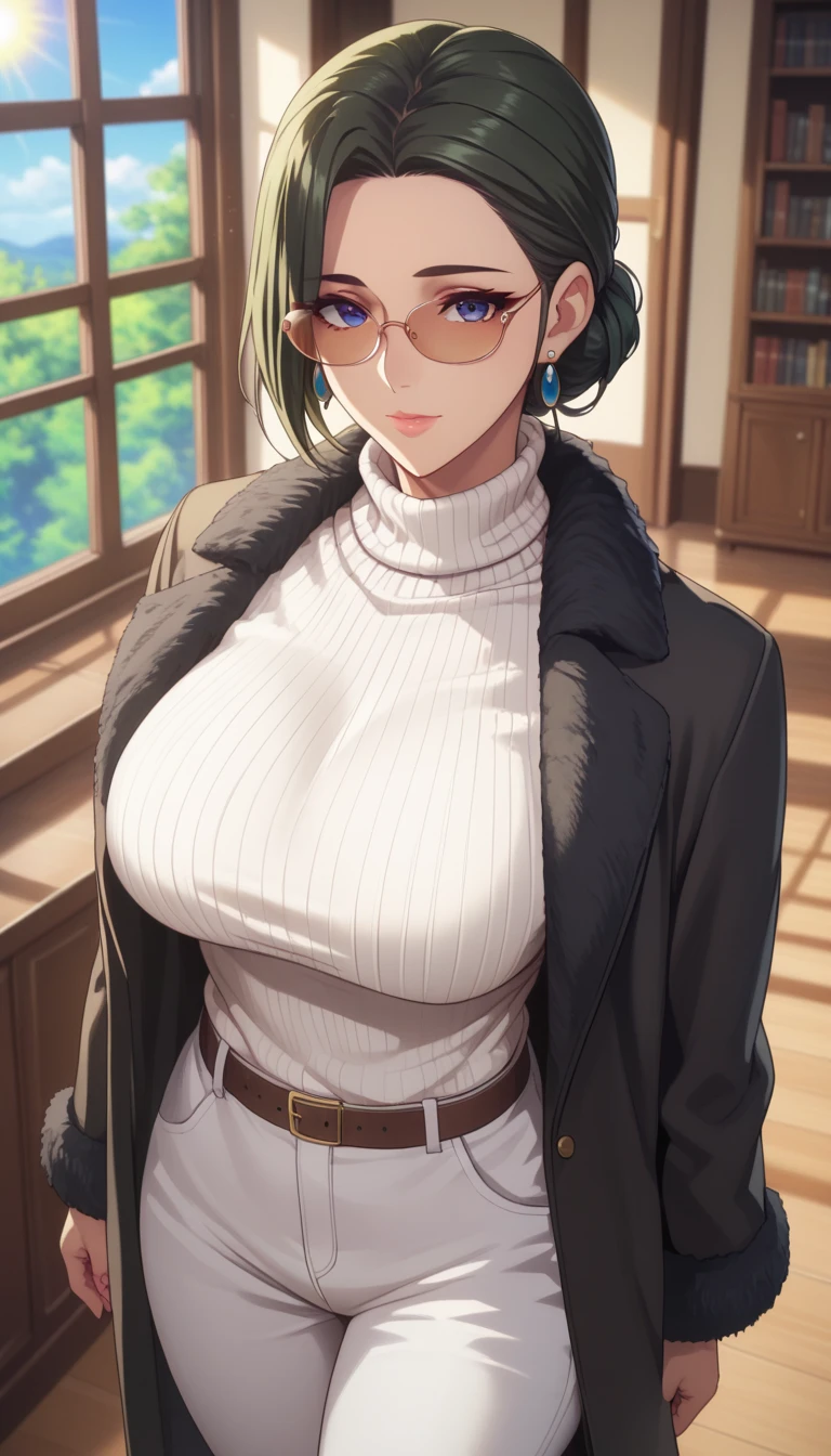 (masterpiece, best_quality:1.2), 1girl, solo, mature female, dark-green hair, low bun, (sun glasses, watches, belts, earrings, turtle neck white sweater, white pants, black long fur coat), beautiful eyes, female focus, looking at viewer, large breast, wide hips, ((above view)) ((close up shot)) ((solo)) detailed, very high resolution, no blurry image, standing, beautiful, elegant, serene expression, intricate details, detailed background, indoors:1.3