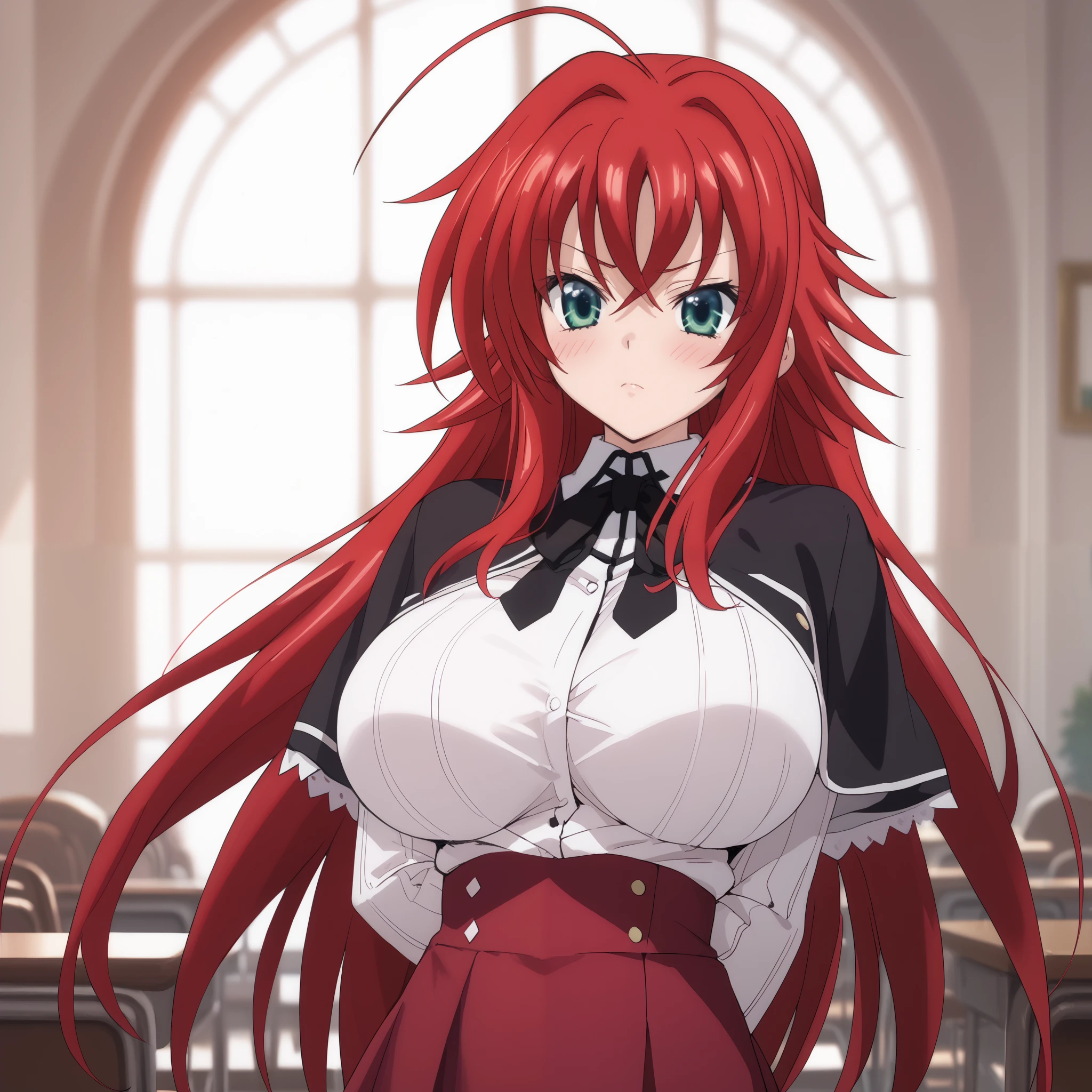 shirt, ribbon, school uniform, white shirt, black ribbon, neck ribbon, capelet, black capelet, long sleeves, skirt, red skirt, (arms behind back:1.4), breast, (huge breast:1.0), (blush), 8k masterpiece, (1girl, solo), rias gremory, huge ahoge, long hair, hair between eyes, green eyes, red hair,