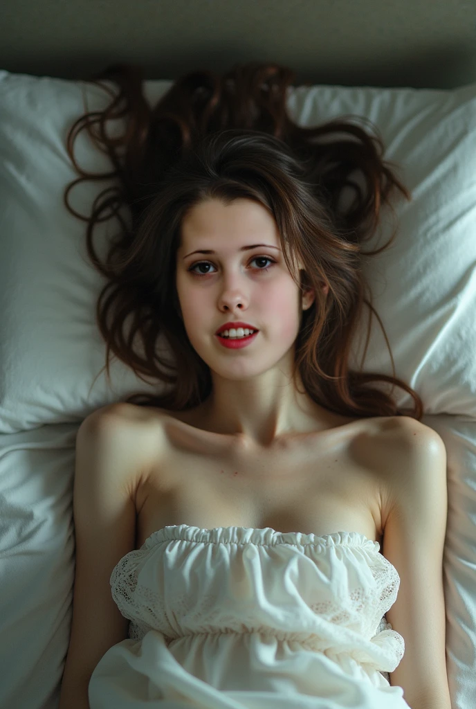 girl, beautiful, skinny body, choker, legs spread, tied down to bed