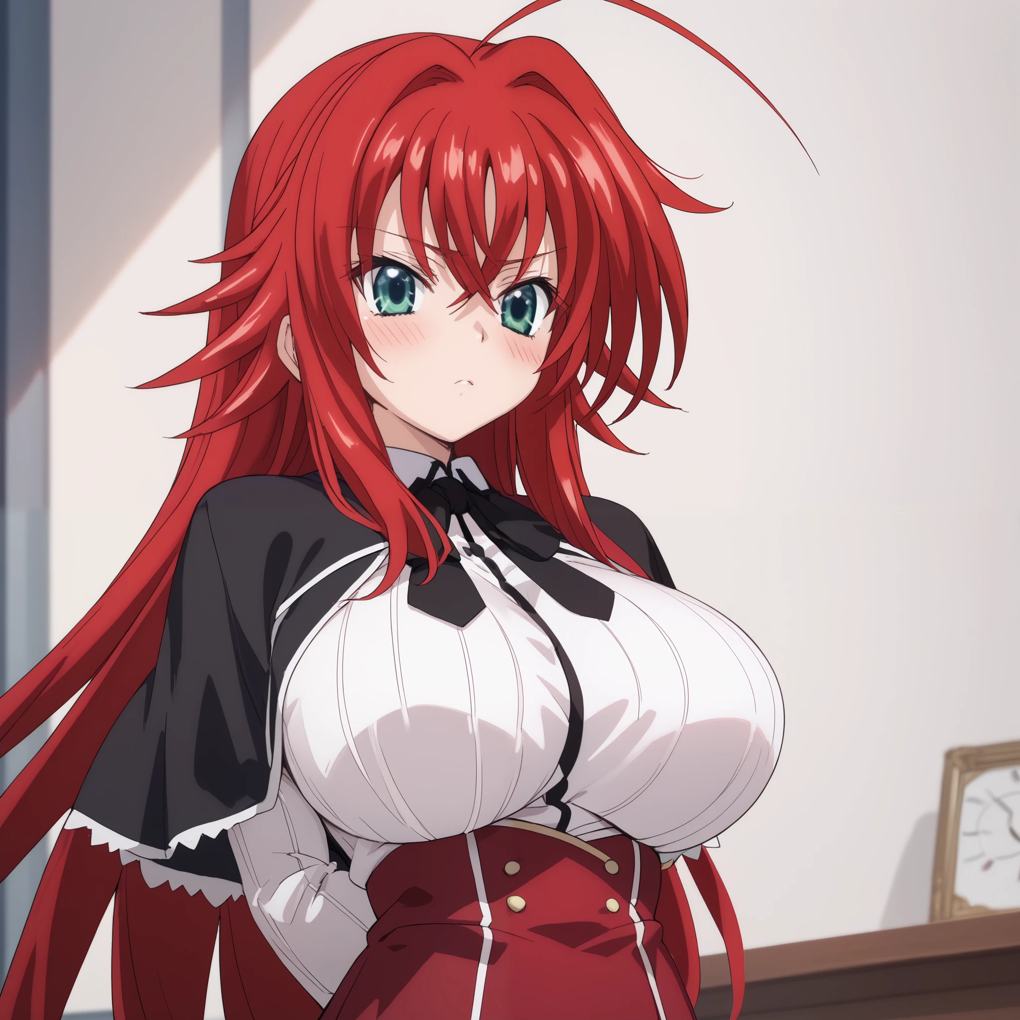 shirt, ribbon, school uniform, white shirt, black ribbon, neck ribbon, capelet, black capelet, long sleeves, skirt, red skirt, (arms behind back:1.4), breast, (huge breast:1.0), (blush), 8k masterpiece, (1girl, solo), rias gremory, huge ahoge, long hair, hair between eyes, green eyes, red hair,