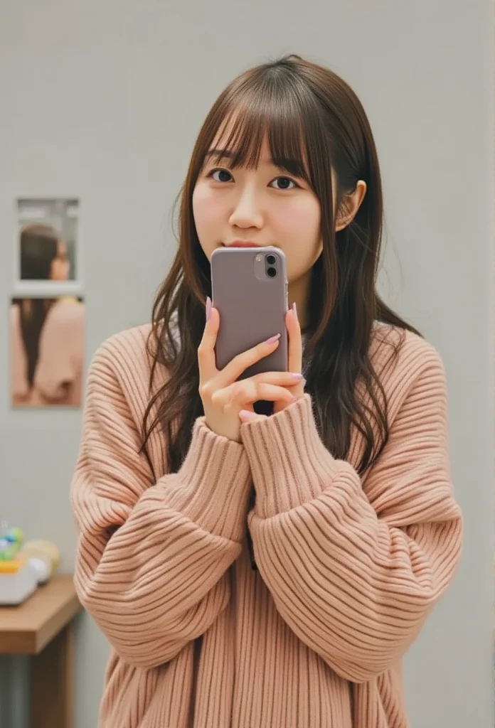  top quality,   Masterpiece ,  super high resolution,  realistic , （whole body）,  Japanese woman in charge of horn, age: 25, smile, extra large_[ sweater ,  soft lighting ,  detailed skin, brown hair, Take a selfie with your smartphone in the mirror , Living Room 