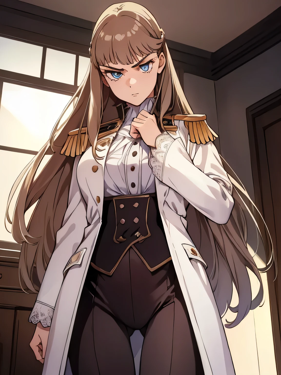 NSFW,(((1girl,standing ,))),RelenaPeacecraft, large_breasts, hair on her eyes , long brown hair , throw, hair stuck to my eyes, dazzling  ,realistic white lace panties , dark eyes,((( Look Down, big eyes,glaring ,Disgust,)))from below,RelenaMilitaryUniform ,in the bedroom,,looking up,looking at viewers,cowboy shot,BREAK,masterpiece ,8k unity wallpaper,anime key visual,highest quality, High resolution,  (shape:0.8),anime coloring,highly detailed face, detailed eyes,growing eyes,shiny skin,fine skin,white skin,dense skin,detailed hair,highly detailed legs,perfect lighting, Detailed CG, (perfect hands, perfect anatomy),High resolution,(Detailed wear ),slender limbs, delicate curves, dainty hands,figure:0.8,