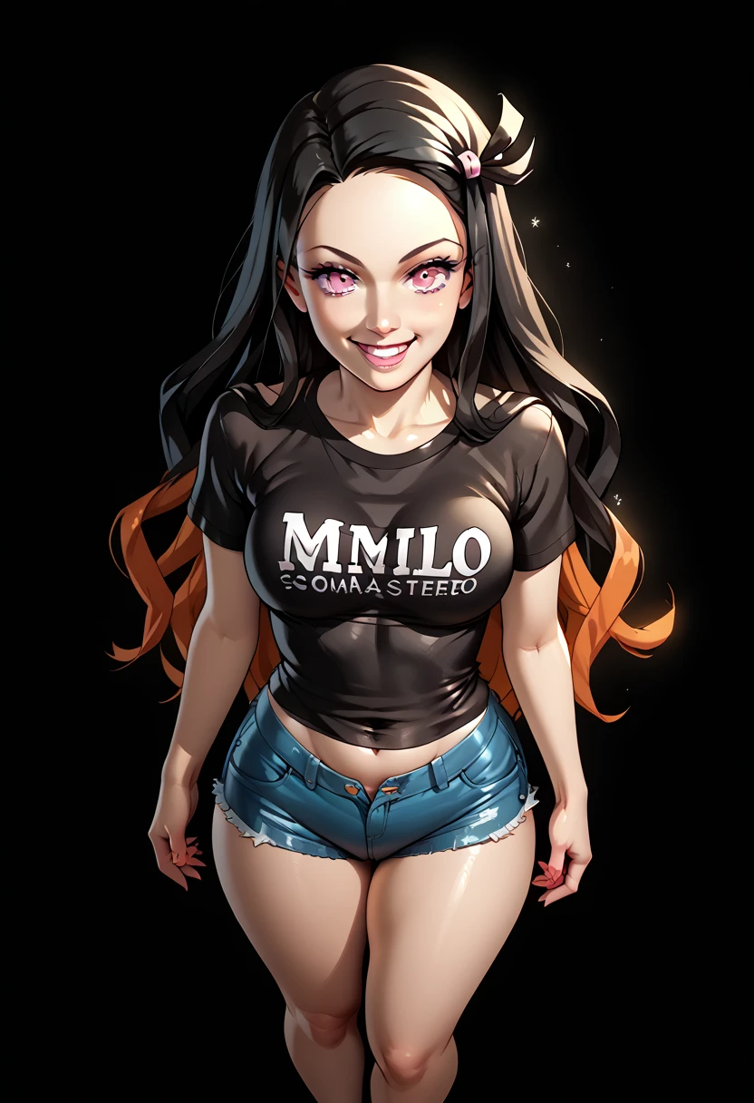 score_9, score_8_above, score_7_above, score_6_above, score_5_above, score_4_above,  Nezuko Kamado,  female,  long hair, scoundrel, seductive, tight black t-shirt and tight short denim shorts,  Assessment_explicit,, standing, top photo,  thick thighs , full legs,   face image,smile,  in 8k ,  highres icon,  ultra detailed, soft shadows, starry sky, open air
