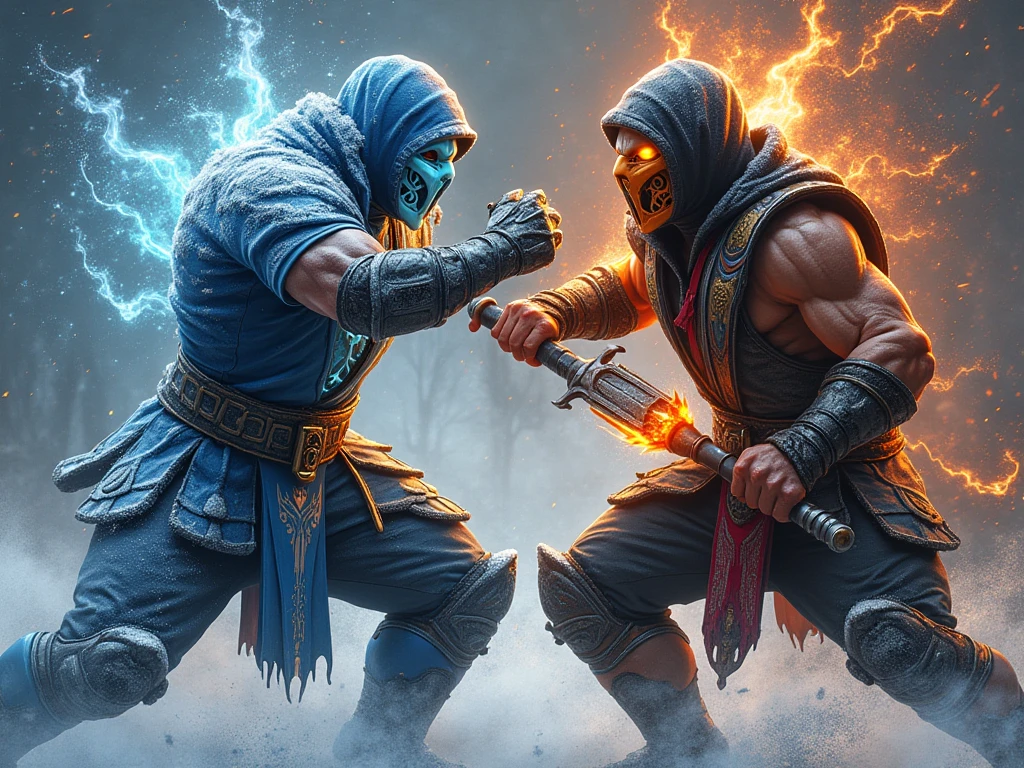 Two fierce warriors, Sub-Zero and Scorpion, locked in combat in the world of Mortal Kombat. The highly detailed digital painting captures every frost-covered inch of Sub-Zero's icy armor and every fiery flicker of Scorpion's glowing kunai. The dynamic action scene feels like it could leap off the screen, with intricate designs on their costumes and weapons adding depth to the image. The intense colors and textures make this digital artwork a mesmerizing display of skill and craftsmanship.