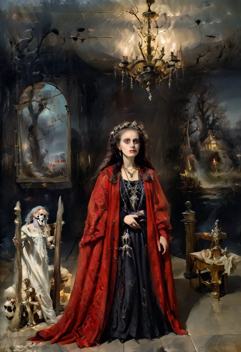 ( better quality , 4k, 8K, highres,  masterpiece :1.2),  ultra detailed , ( realistic , photo realistic , photo- realistic :1.37)  Skeletal  girl ,  dirty robe clothing , chandelier,  Goya style painting ,  light-dark lighting , Ruins, fog, Bones, officer,  creature Leonora Carrington.  faded dry trees , MYSTERIOUS RED BOX .