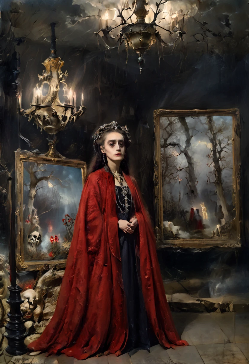 ( better quality , 4k, 8K, highres,  masterpiece :1.2),  ultra detailed , ( realistic , photo realistic , photo- realistic :1.37)  Skeletal  girl ,  dirty robe clothing , chandelier,  Goya style painting ,  light-dark lighting , Ruins, fog, Bones, officer,  creature Leonora Carrington.  faded dry trees , MYSTERIOUS RED BOX .